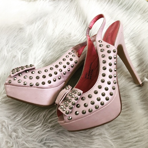 Nude Studded Sling Back High Heels Bow Open Toed - Picture 3 of 5